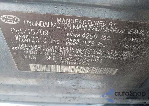 2010 Hyundai Sonata Gls из США, поврежденный, VIN 5NPET4AC0AH641926